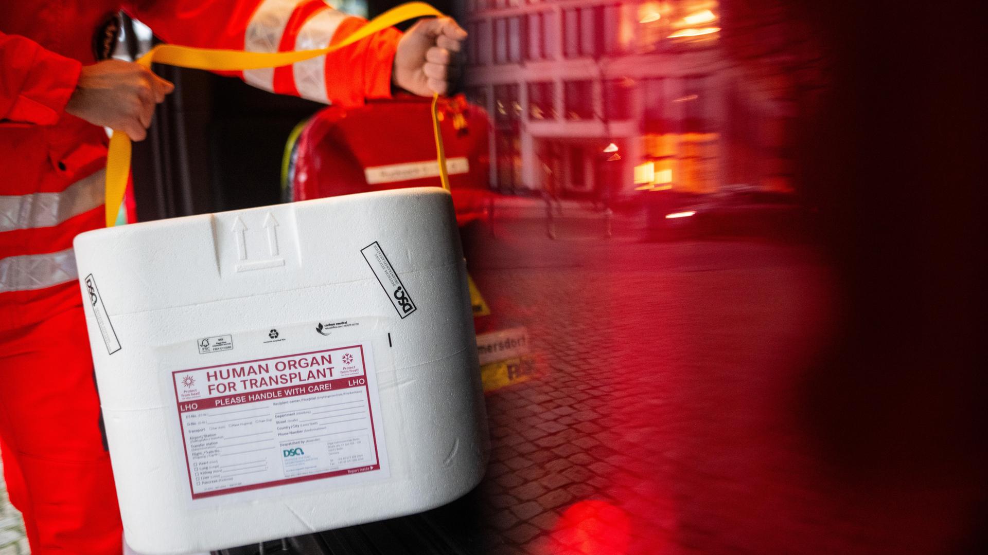 Eine Box für eine Organspende wird transportiert.