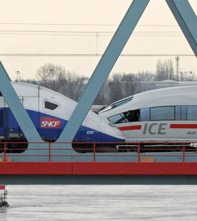 Ein TGV und ein ICE stehen auf einer Rheinbrücke. Archivbild