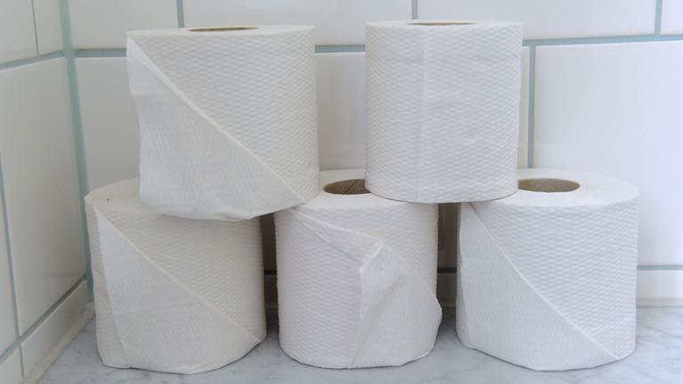 Fünf Rollen Toilettenpapier stehen gestapelt auf einer Ablage.