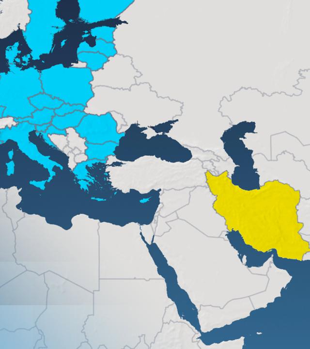 Eine Karte von Europa und dem mittleren Osten, in blau sind die Länder der EU markiert, gelb der Iran.