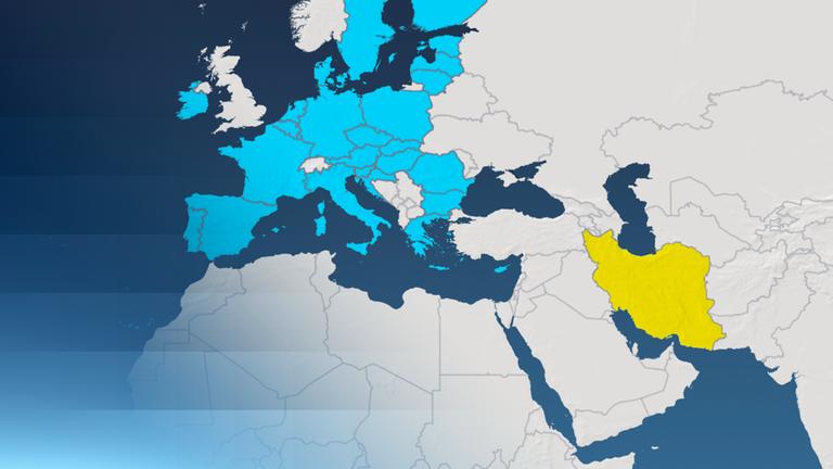Eine Karte von Europa und dem mittleren Osten, in blau sind die Länder der EU markiert, gelb der Iran.