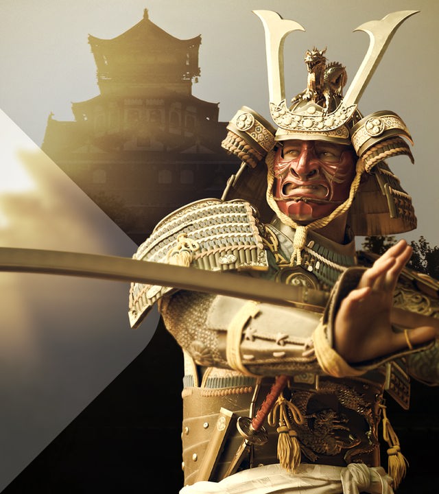 Samurai mit Schwert und Burg im Hintergrund