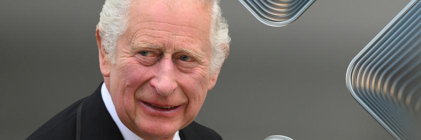 König Charles III. blickt vor unscharfem Hintergrund zur Seite und lächelt in die Kamera.