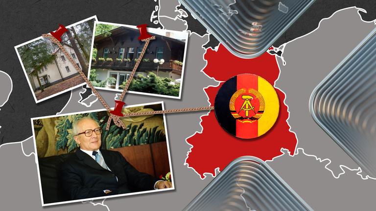 Bildcollage: Auf einer stilisierten Karte der DDR sind Fotos von Erich Honecker, seinem Haus in Wandlitz und dem Jagdschloss Hubertusstock platziert.