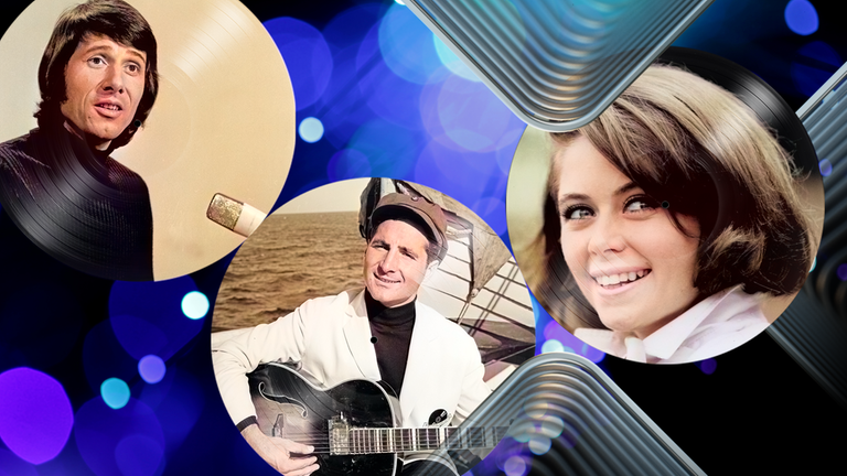 Von rechts nach links: Wencke Myhre, Freddy Quinn und Udo Jürgens auf Schallplatten abgebildet.