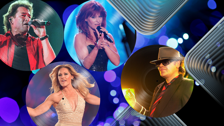 von links nach rechts: Peter Maffay, Helene Fischer, Andrea Berg und Udo Lindenberg auf Schallplatten abgebildet