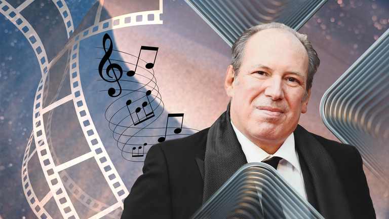 Filmmusik-Komponist Hans Zimmer im Anzug, daneben grafische Illustration von Musiknoten und Filmstreifen