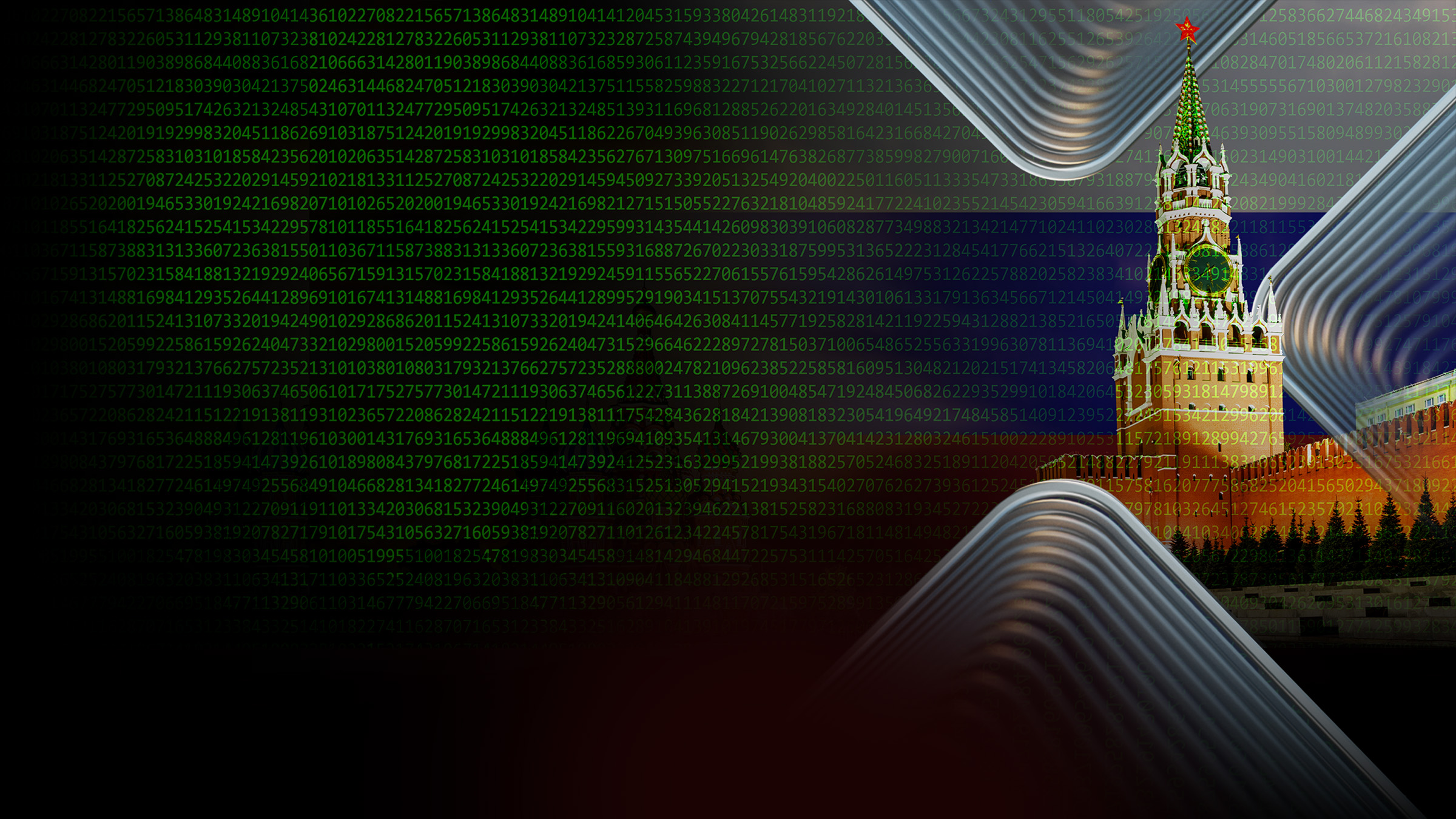 Ein Gebäude des Kremls vor einer eingeblendeten russischen Flagge. Über das ganze Bild erstrecken sich Ziffern, die den Anschein eines Computerbildschirmes geben soll. 