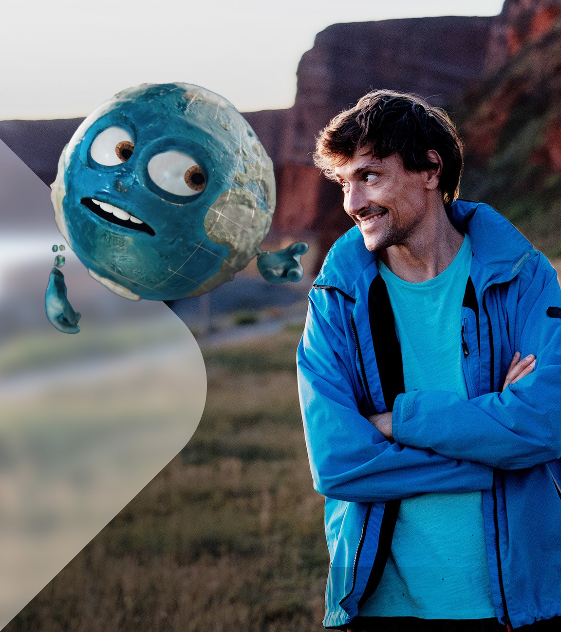 Uli Kunz im Dialog mit der Weltkugel vor Küstenlandschaft