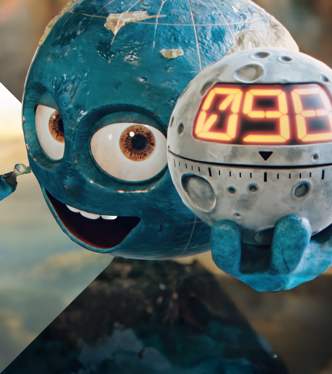 Die Erde als Figur mit einer Uhr in Form des Mondes, auf der ein Countdown runterzählt.