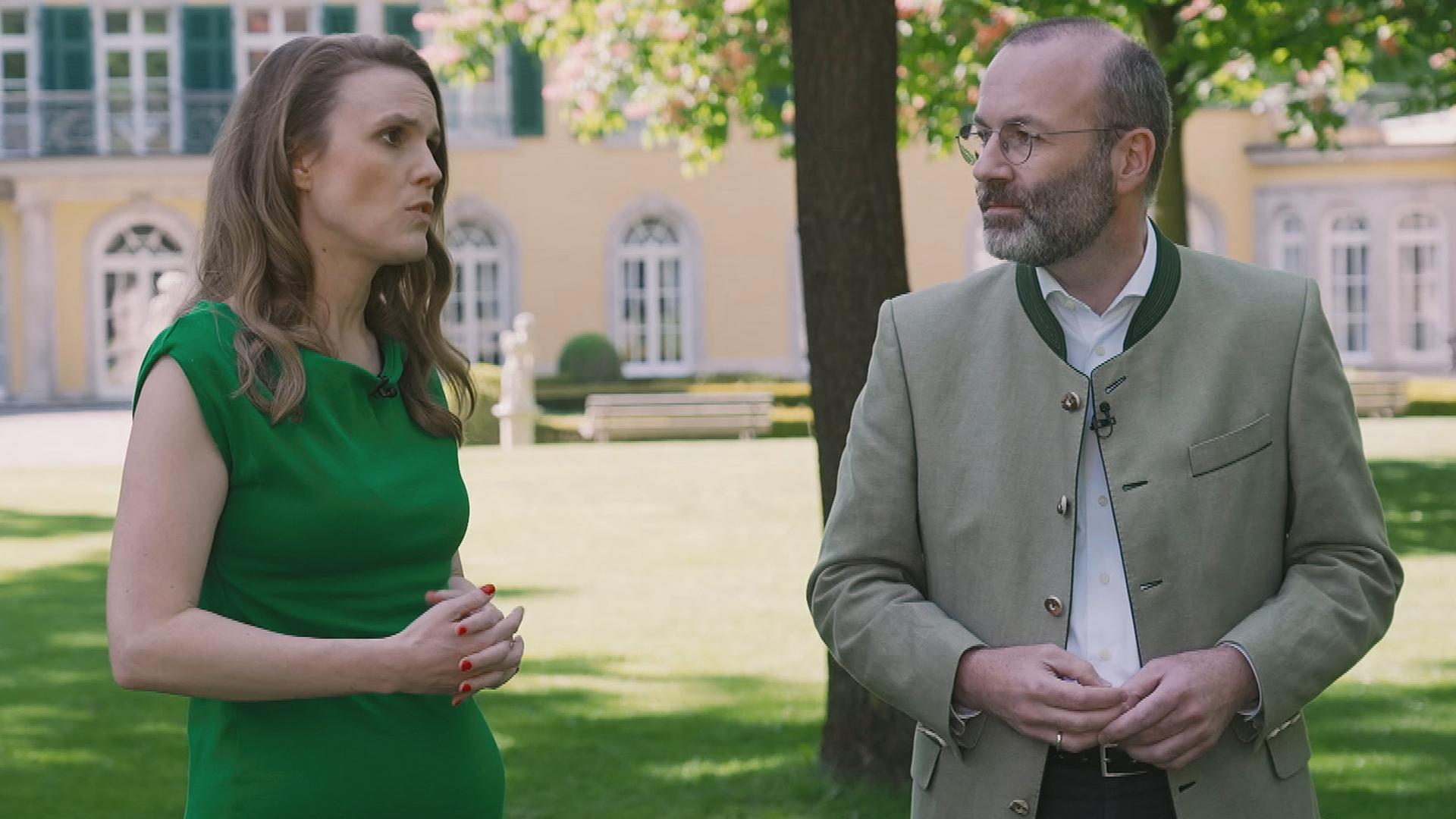 Terry Reintke, Spitzenkandidatin der Grünen, und Manfred Weber, Spitzenkandidat der CSU, im Streitgespräch über den "Green Deal".