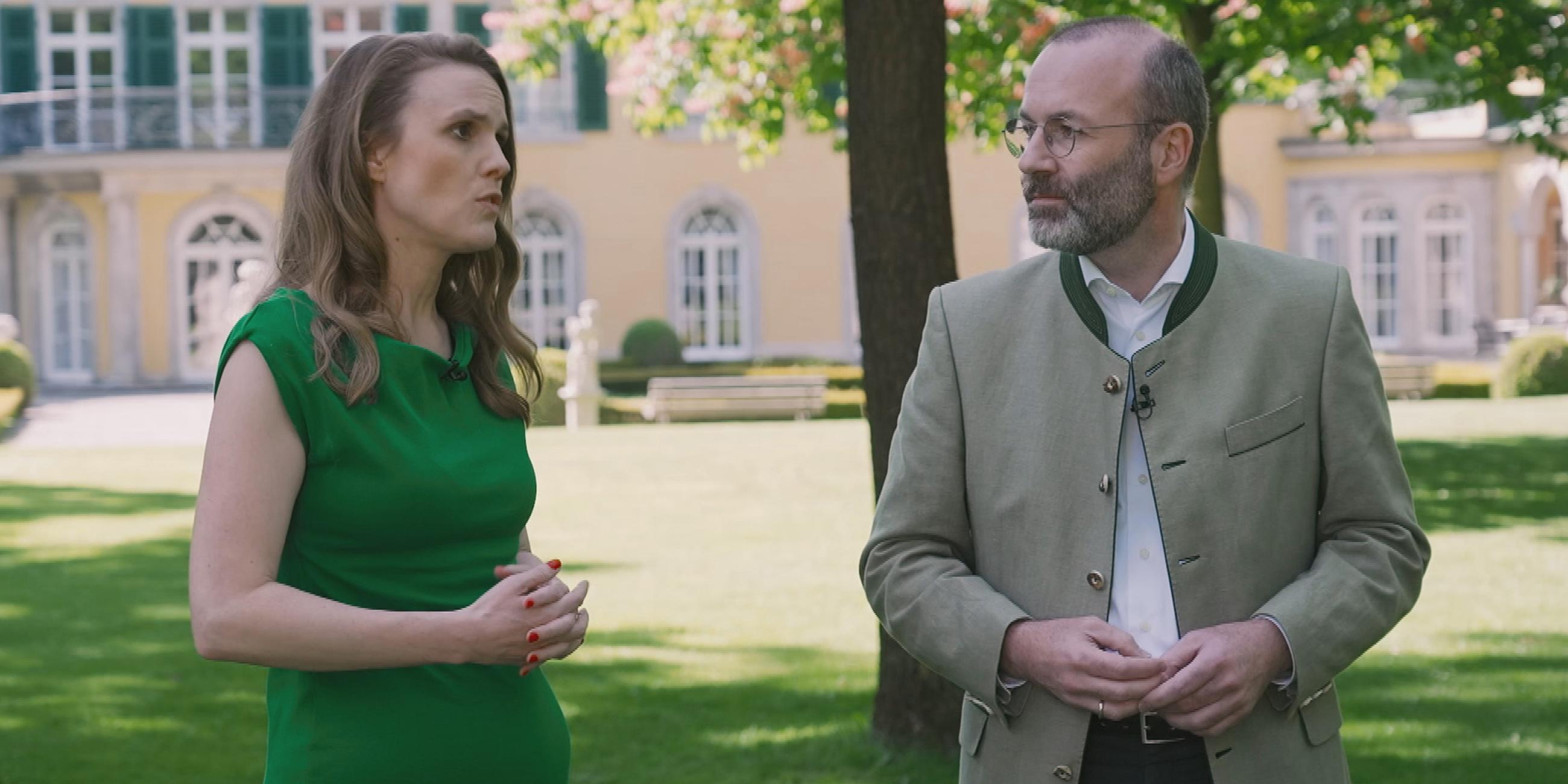 Terry Reintke, Spitzenkandidatin der Grünen, und Manfred Weber, Spitzenkandidat der CSU, im Streitgespräch über den "Green Deal".