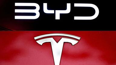 Eine Collage des BYD und Tesla-Logos. Oben auf Schwarzem Grund mit weißer Schrift das BYD-Logo, unten das weiße Tesla-Logo auf rotem Grund.