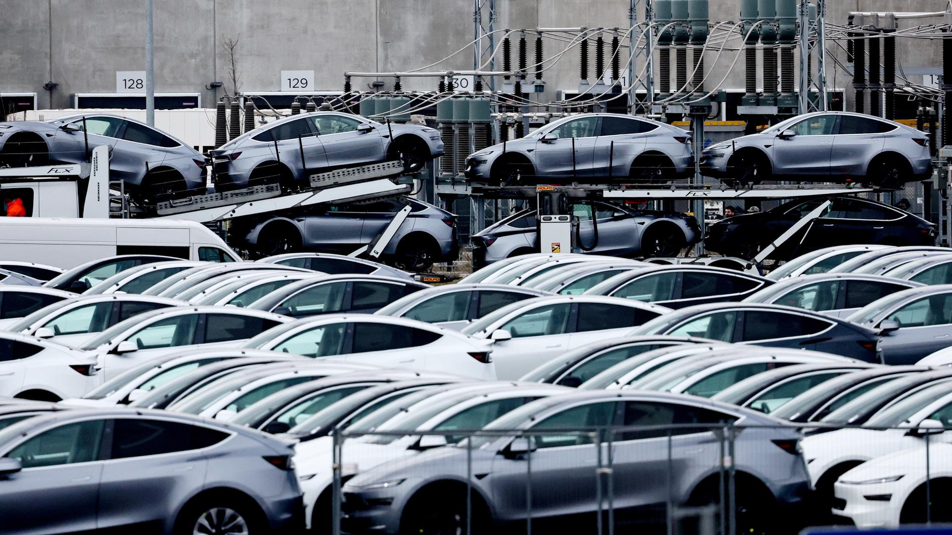 Tesla-Fahrzeuge parken im Tesla-Werk in Grünheide bei Berlin, aufgenommen am 13.03.2025