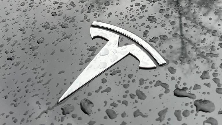 Logo auf der Motorhaube eines Teslas