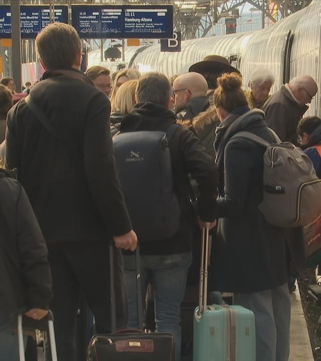 Voller Bahnsteig vor Zug