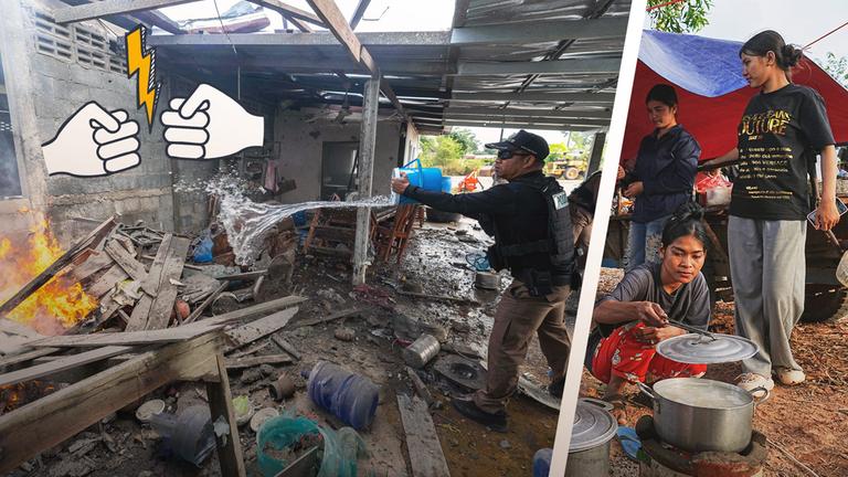 Links ist ein Polizist aus Thailand zu sehen, der ein Feuer in einem abgebrannten Haus löscht; recht sind geflüchtete Menschen in Kambodscha zu sehen, die in Zelten leben und kochen