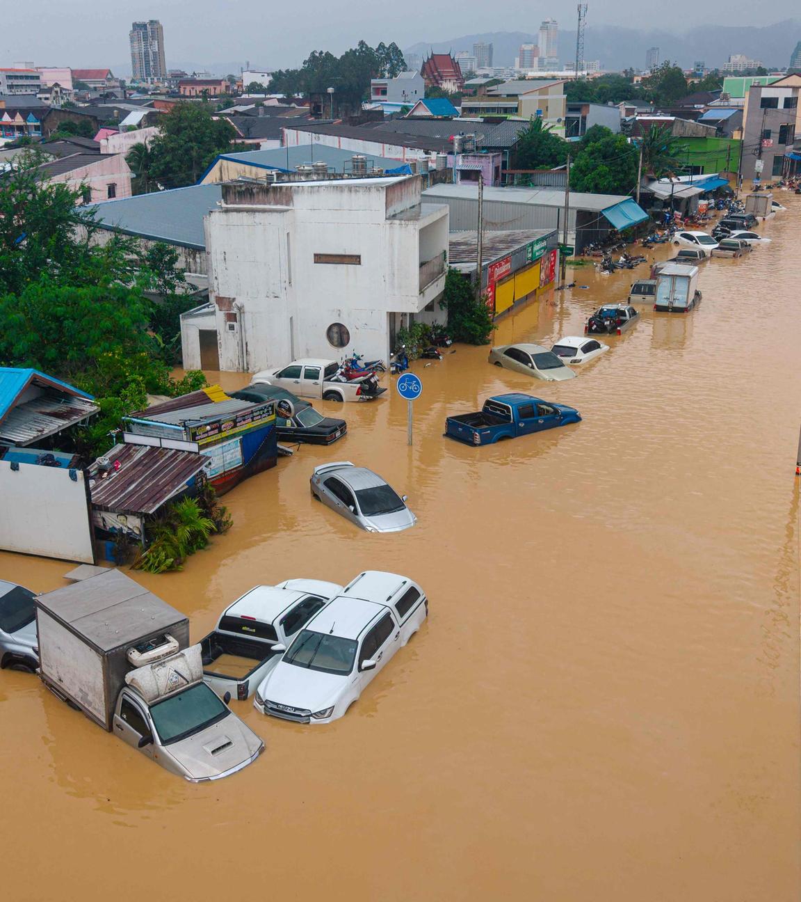 Ein Bild von den Überflutungen in Thailand, bei dem mehrere Autos von den Strömen verschlungen werden
