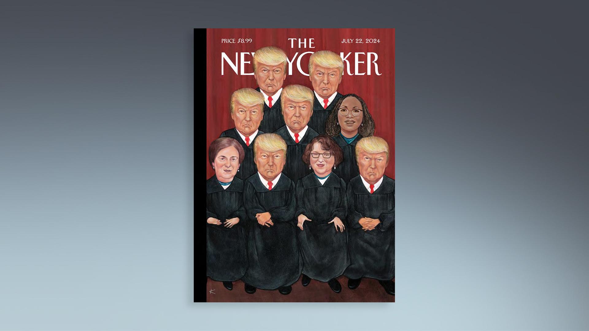 "The New Yorker" Magazin Cover mit Karikatur von Donald Trump und anderen Personen in schwaren Richterroben