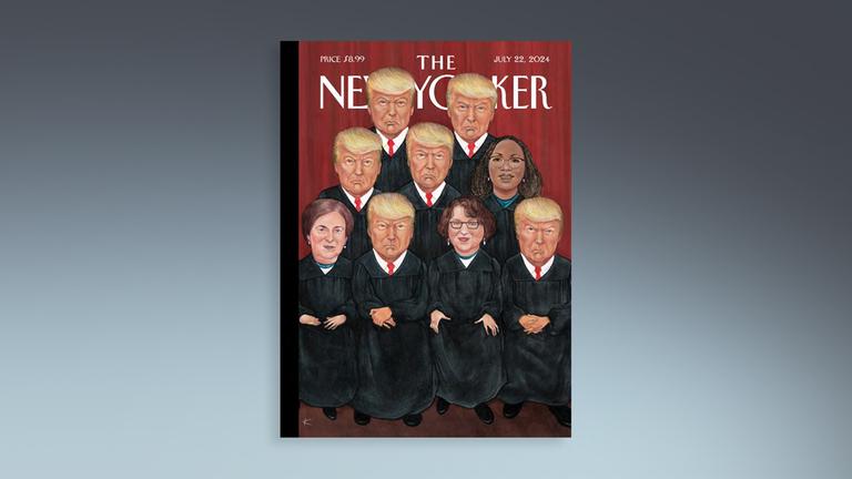 "The New Yorker" Magazin Cover mit Karikatur von Donald Trump und anderen Personen in schwaren Richterroben