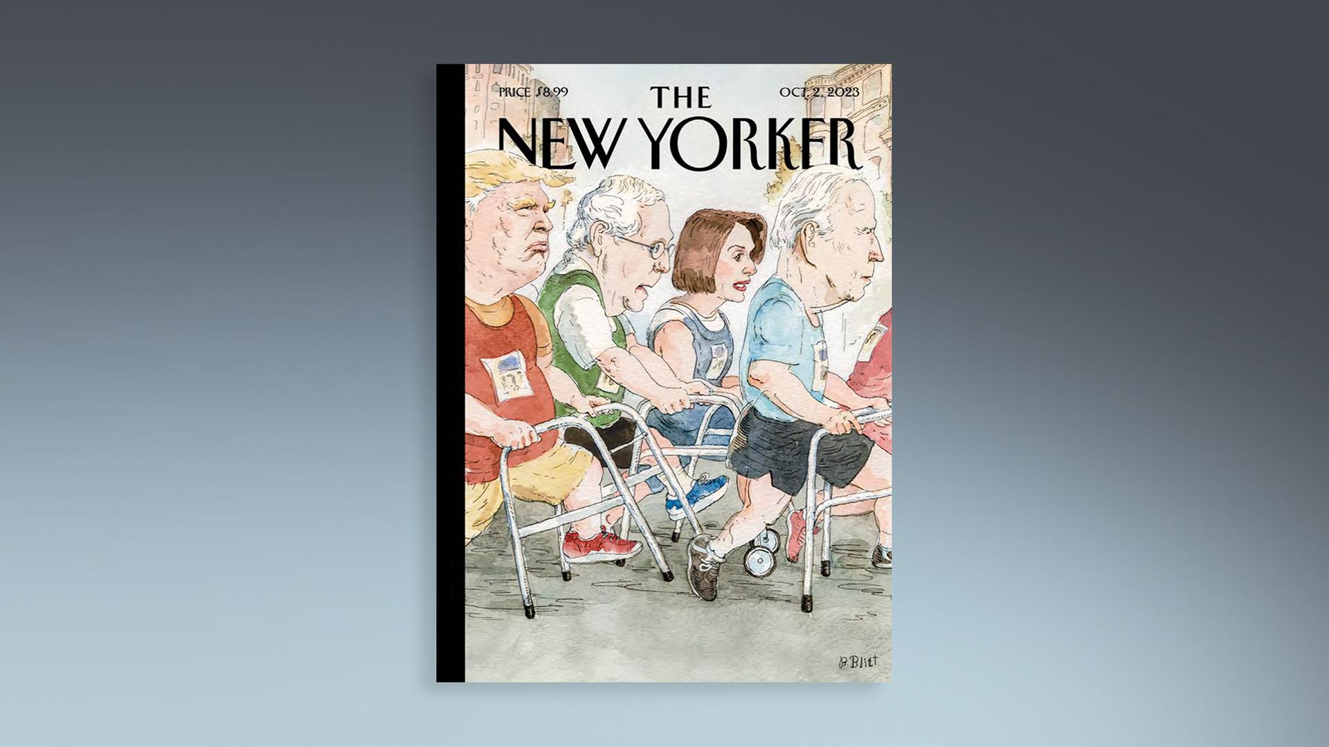 "The New Yorker" Magazin Cover zeigt mittels einer eine Karikatur Politikprominenz bei einem Marathonlauf mit Gehhilfen