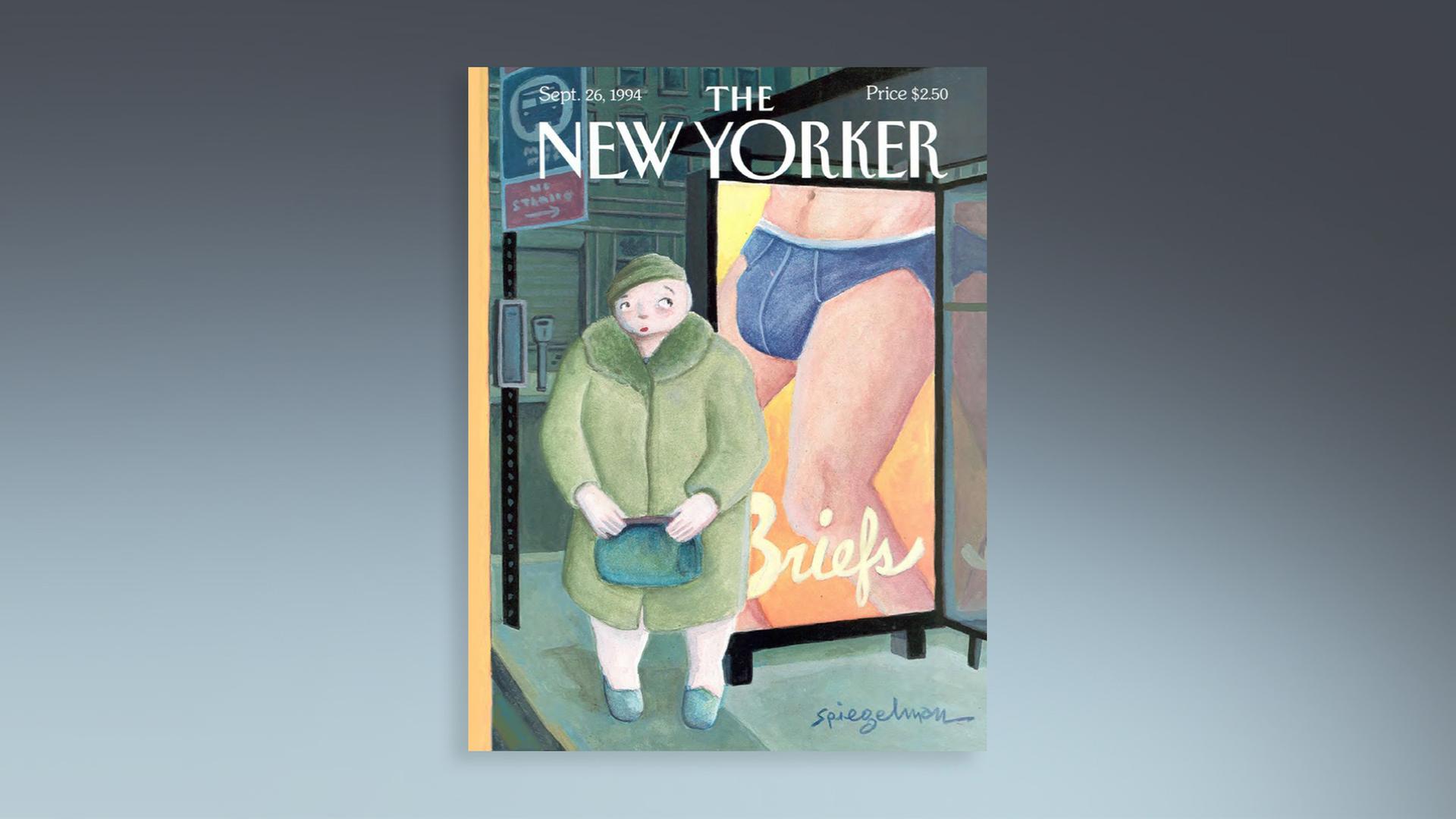 "The New Yorker" Magazin Cover mit bunter Zeichnung einer Frau, die an einer Bushaltestelle steht