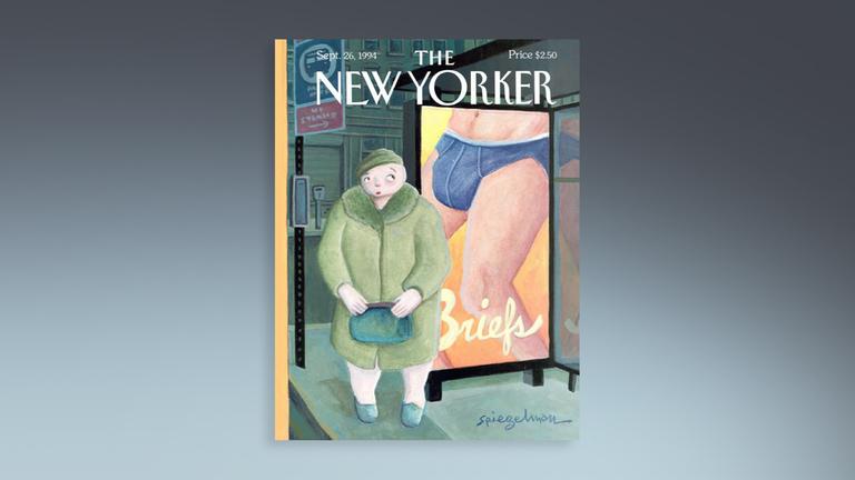 "The New Yorker" Magazin Cover mit bunter Zeichnung einer Frau, die an einer Bushaltestelle steht
