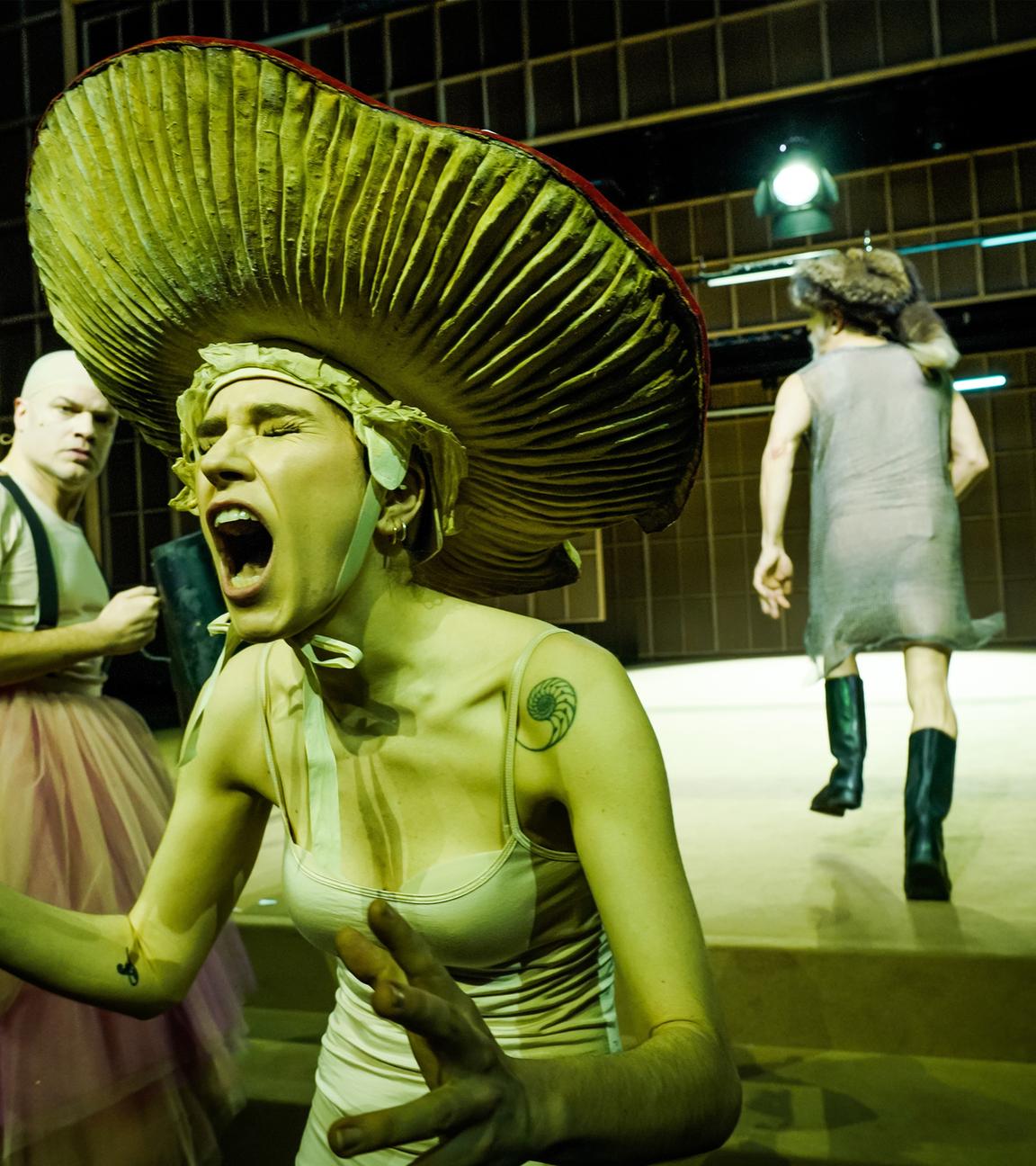 Bühnenszene: Eine Frau mit einem Pilzhut schreit, links daneben steht ein Mann, der ein rosa Tütü trägt. Zwei kostümierte Personen befinden sich im Hintergrund.