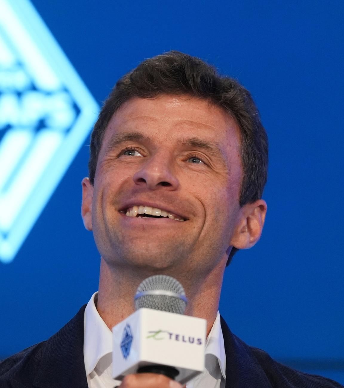 New Vancouver Whitecaps player Thomas Muller, of Germany, speaks at during an MLS soccer news conference, Thursday, Aug. 14, 2025, in Vancouver, British Columbia