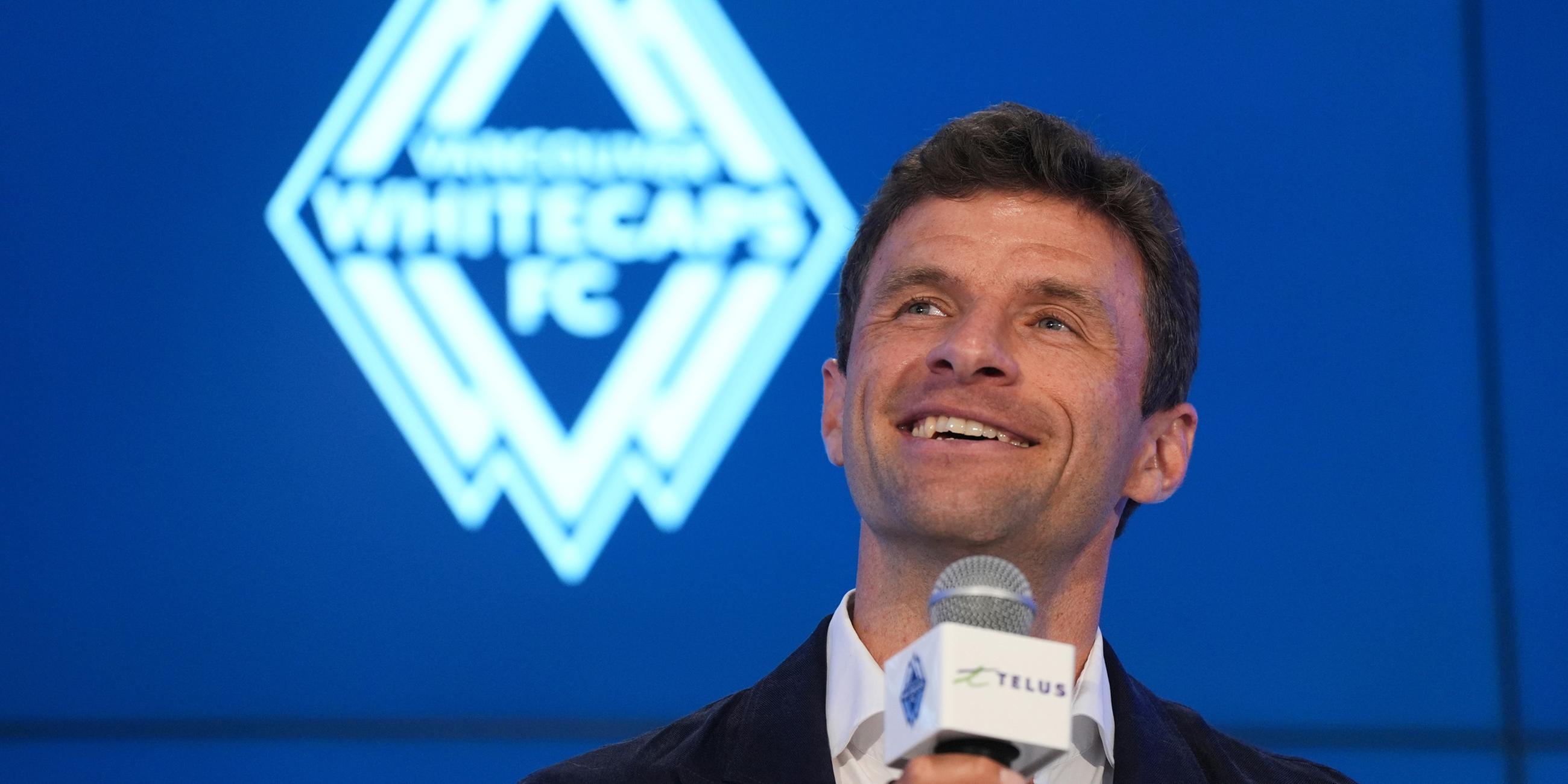 New Vancouver Whitecaps player Thomas Muller, of Germany, speaks at during an MLS soccer news conference, Thursday, Aug. 14, 2025, in Vancouver, British Columbia
