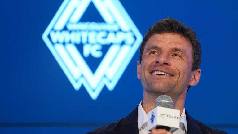 New Vancouver Whitecaps player Thomas Muller, of Germany, speaks at during an MLS soccer news conference, Thursday, Aug. 14, 2025, in Vancouver, British Columbia