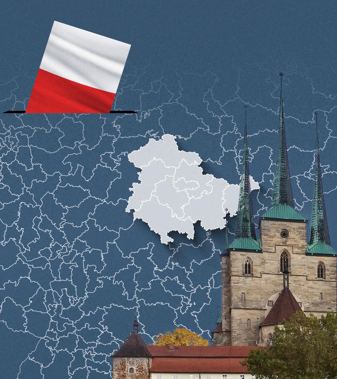 Foto von der Kathedrale in Erfurt, davor eine Wahlkreis-Karte von Thüringen und die Flagge