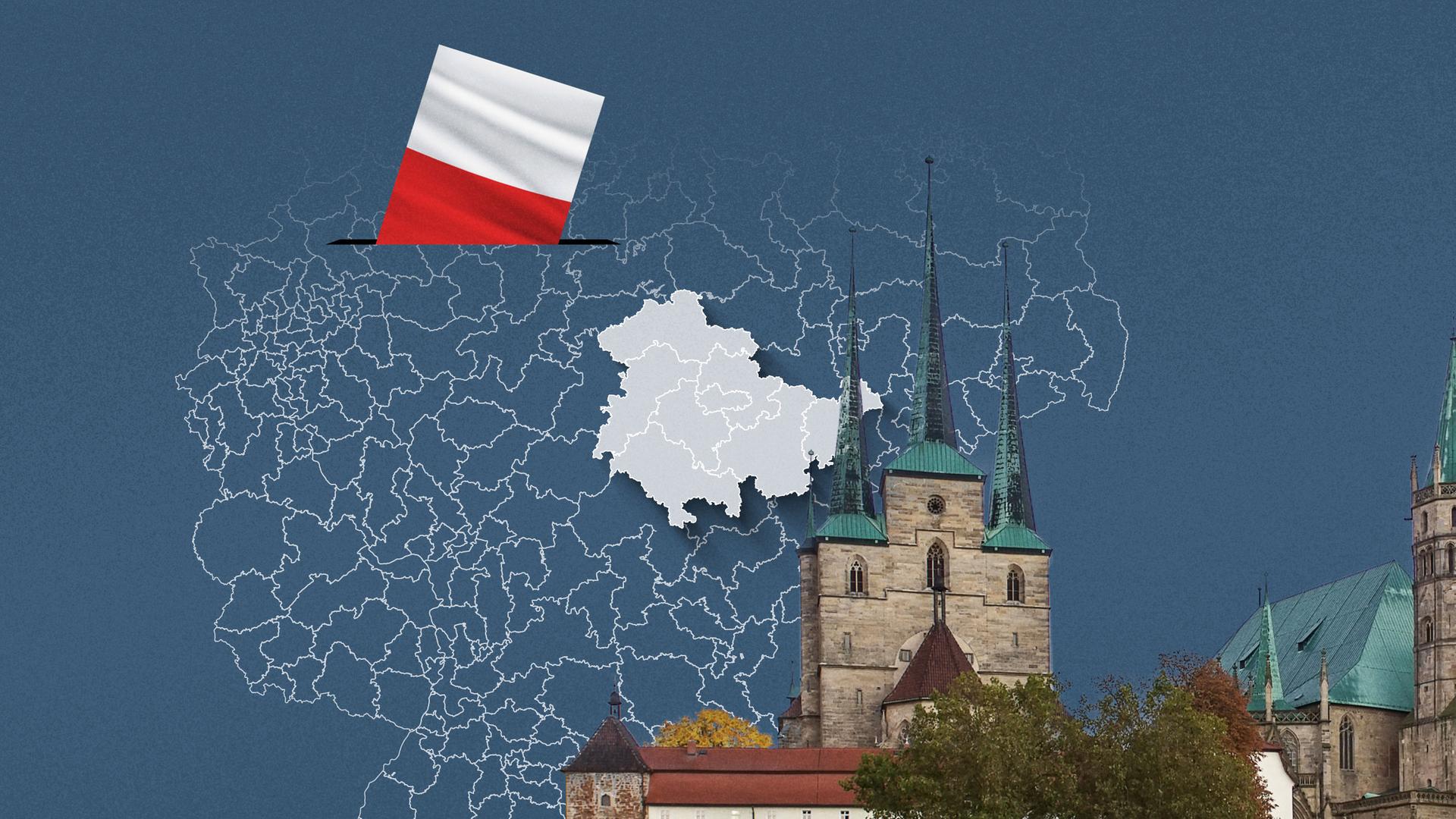 Foto von der Kathedrale in Erfurt, davor eine Wahlkreis-Karte von Thüringen und die Flagge