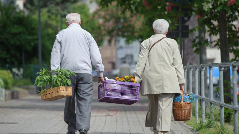 Thüringen, Erfurt: Seniorenpaar trägt Einkauf