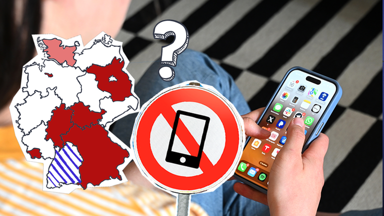 Eine junge Frau am Handy, ein Handyverbotsschild und ein Umriss von Deutschland