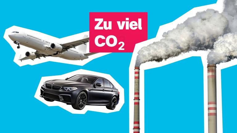 Ein rauchender Schornstein, ein Auto und ein Flugzeug vor blauem Hintergrund 