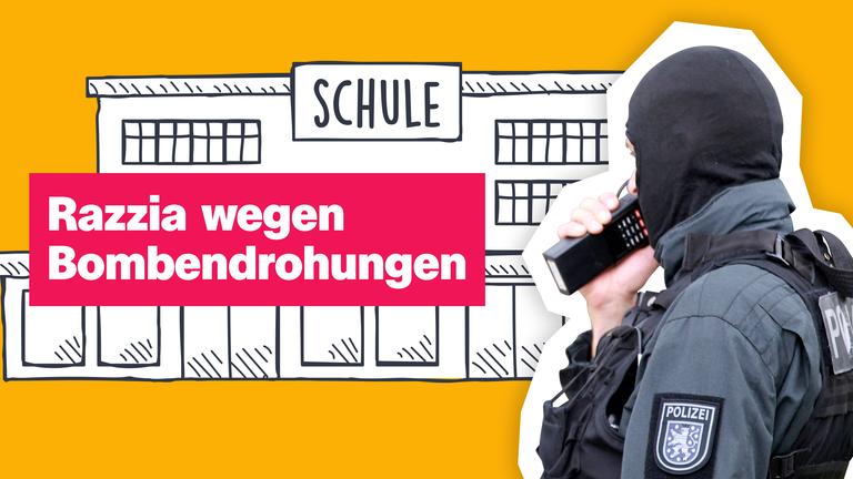 Gezeichnete Schule auf gelben Hintergrund, davor Fotoausschnitt vermummeter Polizist mit Funkgerät - dazu Schrift "Razzia wegen Bombendrohungen"