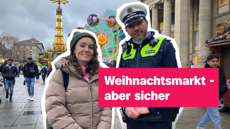 Lotte und ein Polizist stehen auf dem Weihnachtsmarkt und gucken in die Kamera, dazu der Text: Weihnachtsmarkt - aber sicher