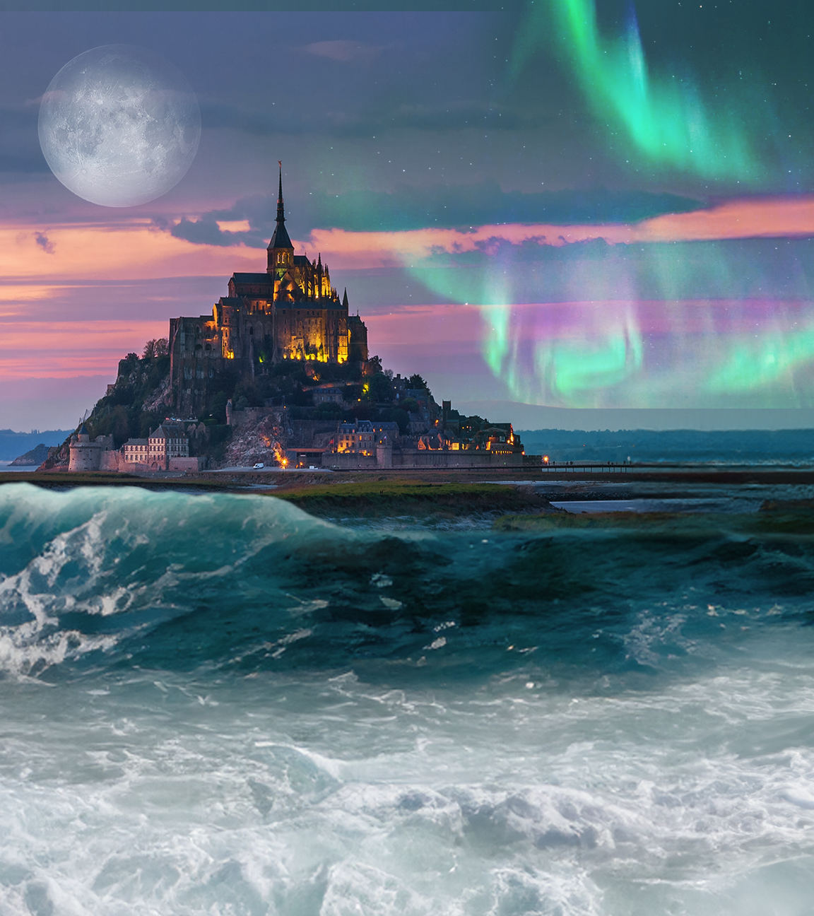 Collage: Wellen im Vordergrund, im Hintergrund Mont St. Michel, am Himmel der Mond und Polarlichter.