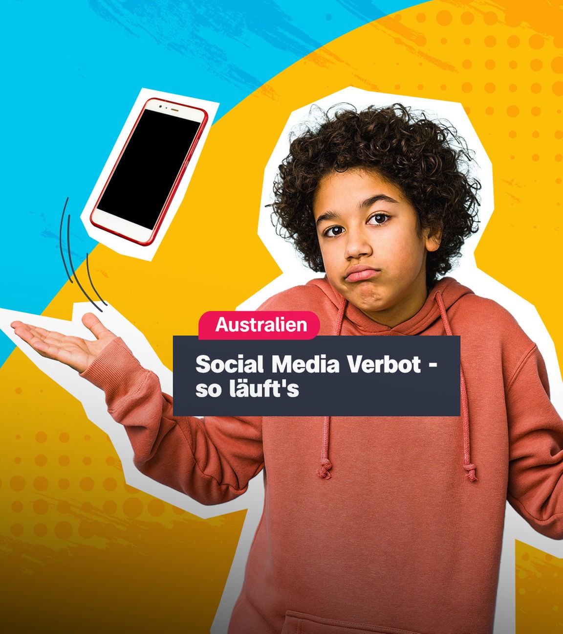 Ein Junge guckt fragend, dazu ein Handy. 