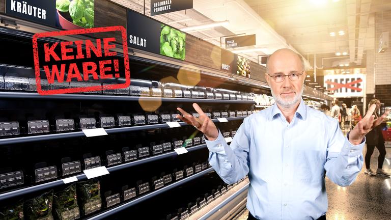 Harald Lesch vor leeren Regalen im Supermarkt.