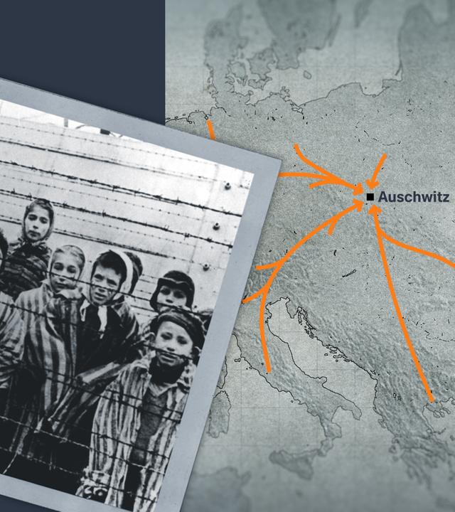 Häftlinge im Konzentrationslager Auschwitz am Tag der Befreiung und Landkarte