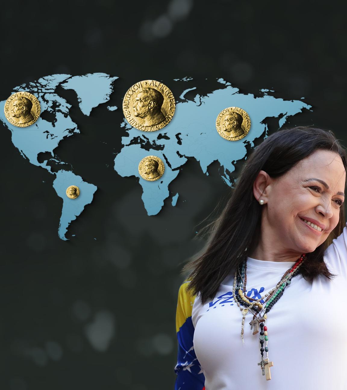 María Corina Machado und eine Weltkarte mit Friedensnobelpreis-Medaillen
