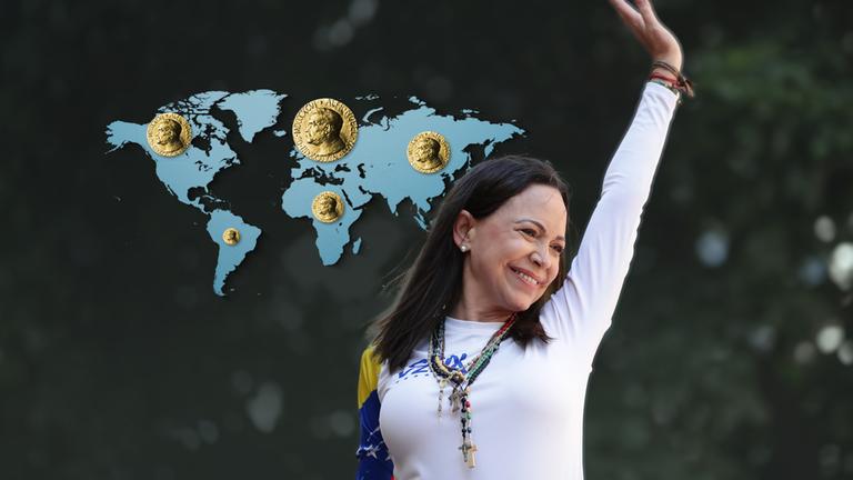 María Corina Machado und eine Weltkarte mit Friedensnobelpreis-Medaillen