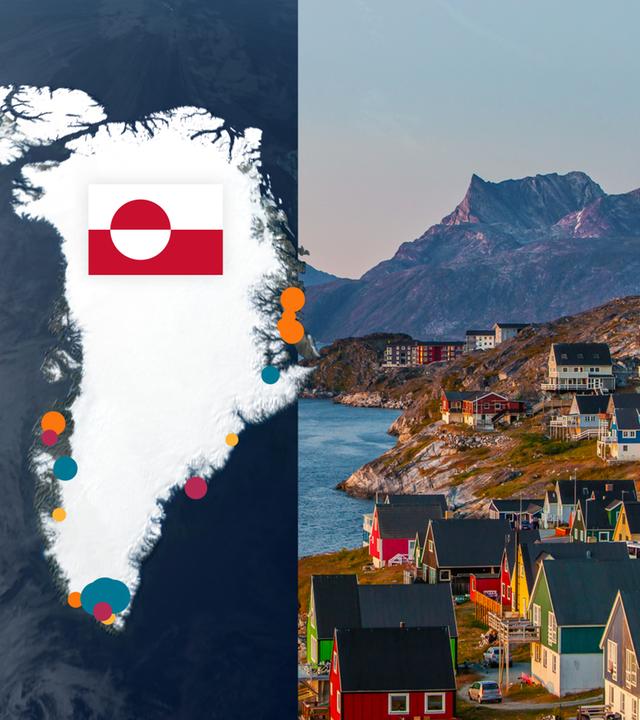 Grafische Karte Grönland und Dorf an der grönländischen Küste