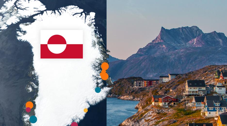 Grafische Karte Grönland und Dorf an der grönländischen Küste