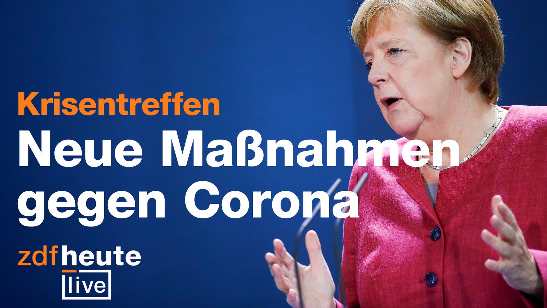 Text mit den Worten "Krisentreffen: Neue Maßnahmen gegen Corona". Im Hintergrund sieht man Kanzlerin Angela Merkel bei einer Pressekonferenz.