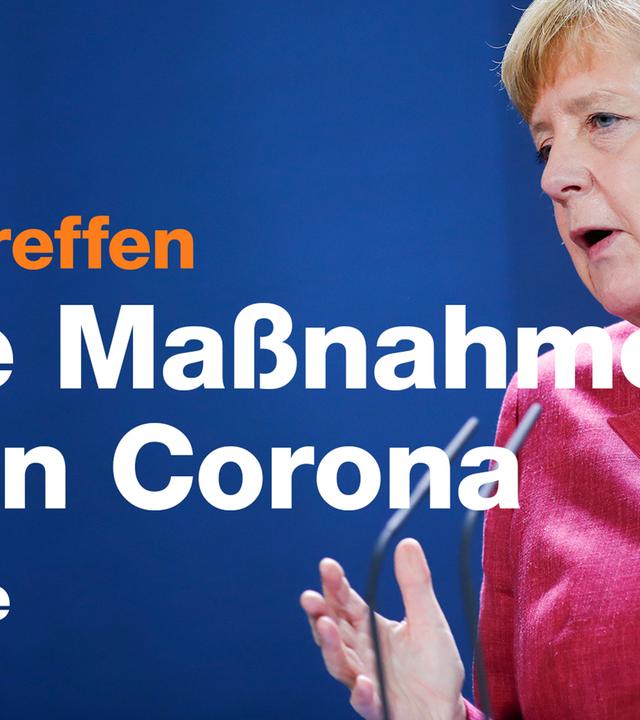 Text mit den Worten "Krisentreffen: Neue Maßnahmen gegen Corona". Im Hintergrund sieht man Kanzlerin Angela Merkel bei einer Pressekonferenz.