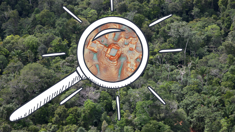 Fotomontage: Dichter Dschungel von oben, darauf eine Lupe, in der ein 3D-Scan von Ruinen zu sehen ist