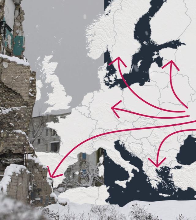 Foto und grafische Karte EU-Staaten mit Pfeilen